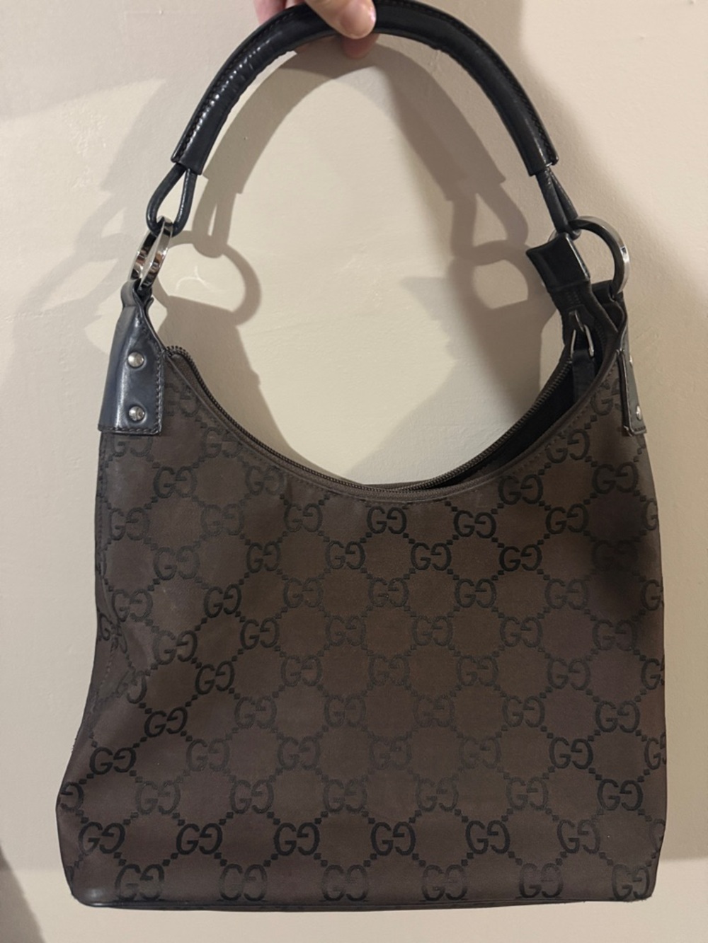 Gucci Brown GG Canvas Shoulder Bag with Black Handle